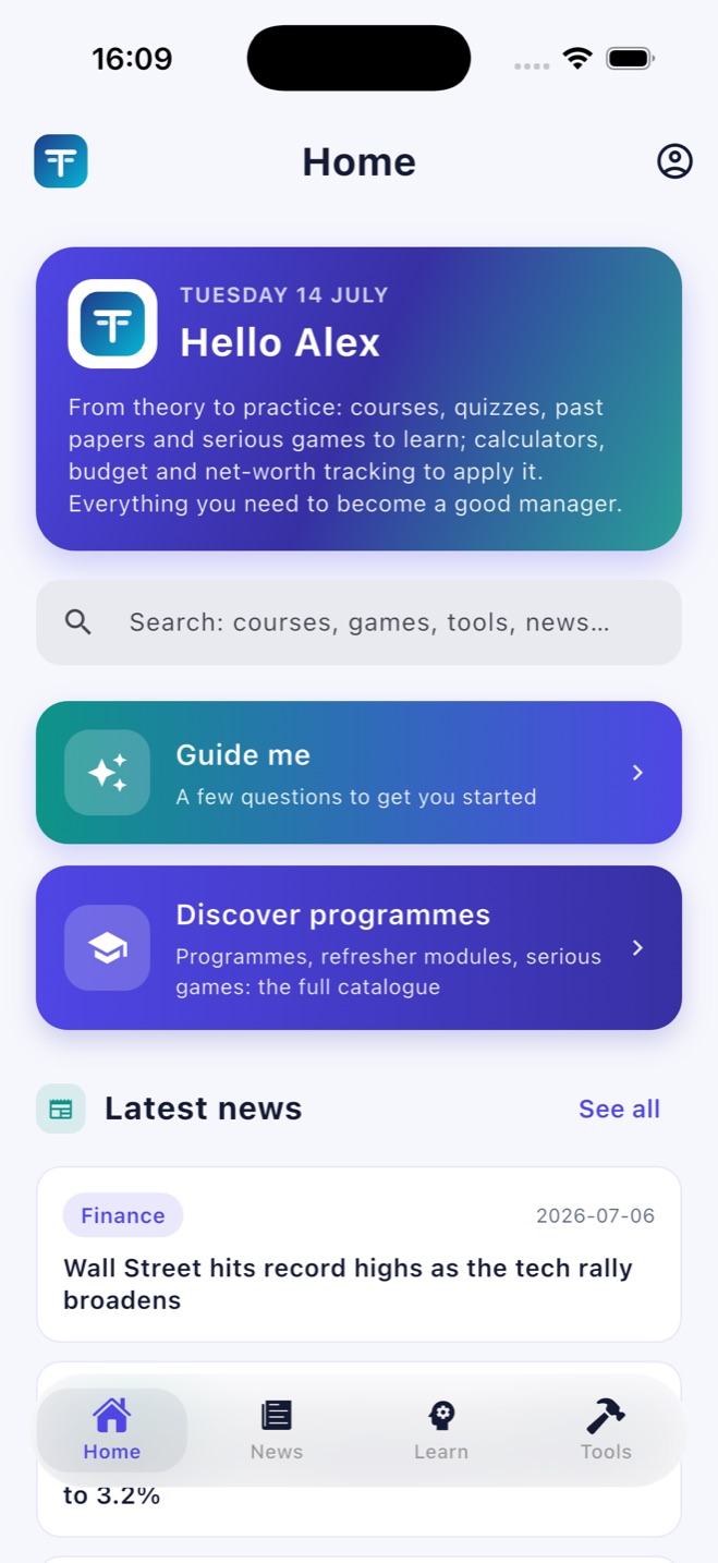 Partie Double app home screen in English