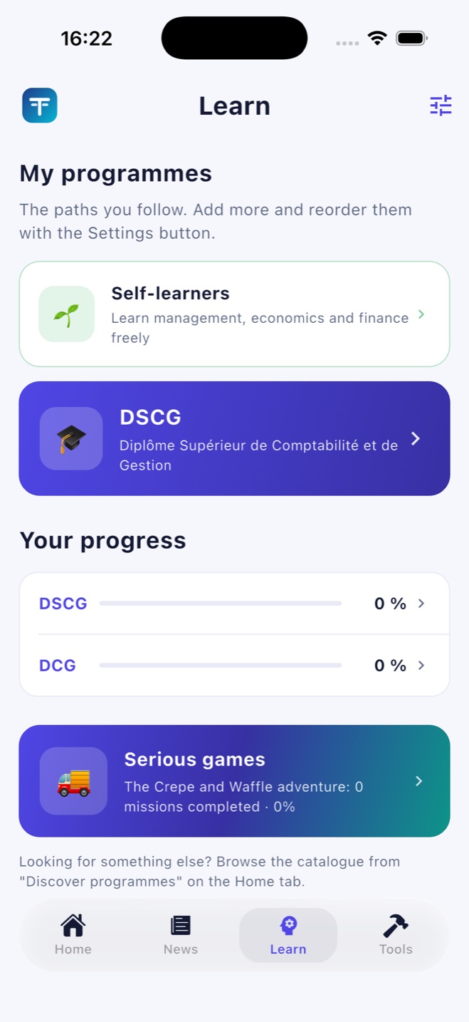 Learn: programmes, refresher modules and serious games