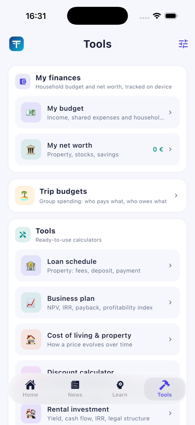Tools: household budget, net worth and ready-to-use calculators